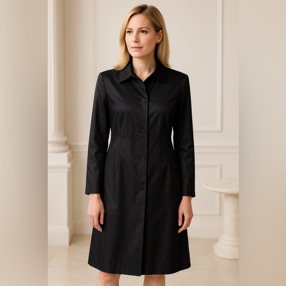 Tahari 100% Silk Black Trench Coat with Beaded Details Size 10, Hot Pink Lining - Picture 1 of 15
